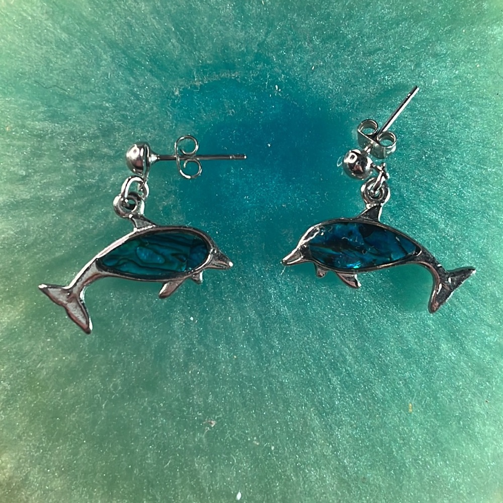 ❤️‍🔥BOGO FREE handmade blue turquoise abalone gemstone dolphin dangle earrings